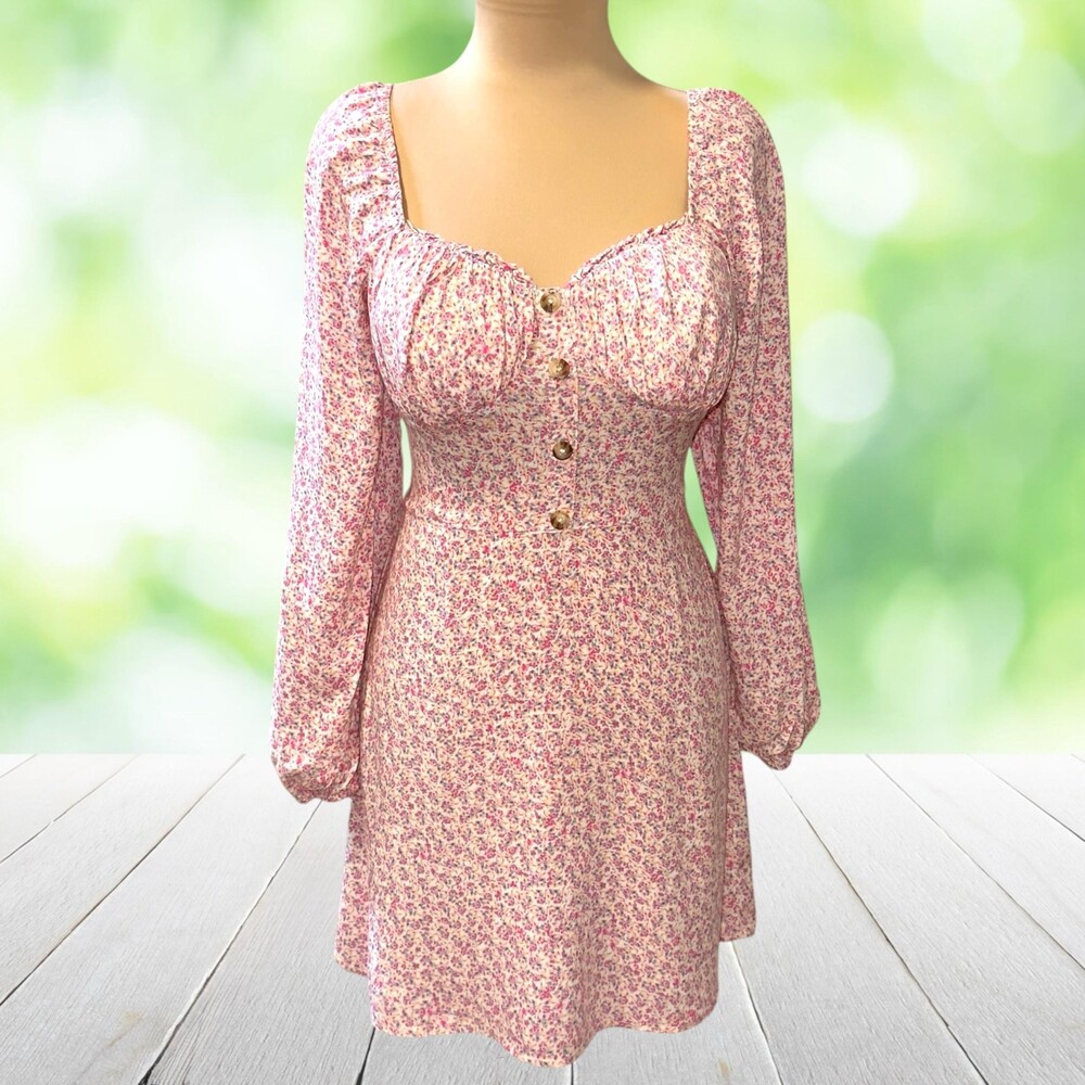 AS U WISH Ditsy Floral Milkmaid Dress Puff Sleeve Coquette Cottagecore Juniors M